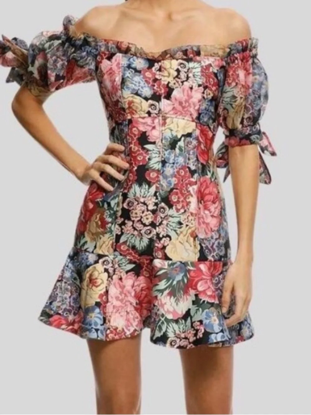 KEEPSAKE the Label Black Multi Floral Off-Shoulder mini dress dark croquette